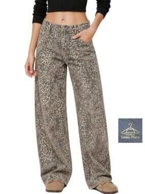 High Waisted Wide Leg Leopard Print Jeans Baggy Denim Pants
